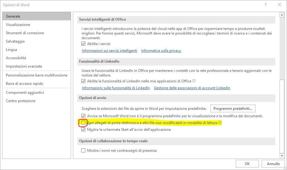 Opzioni Microsoft Word
